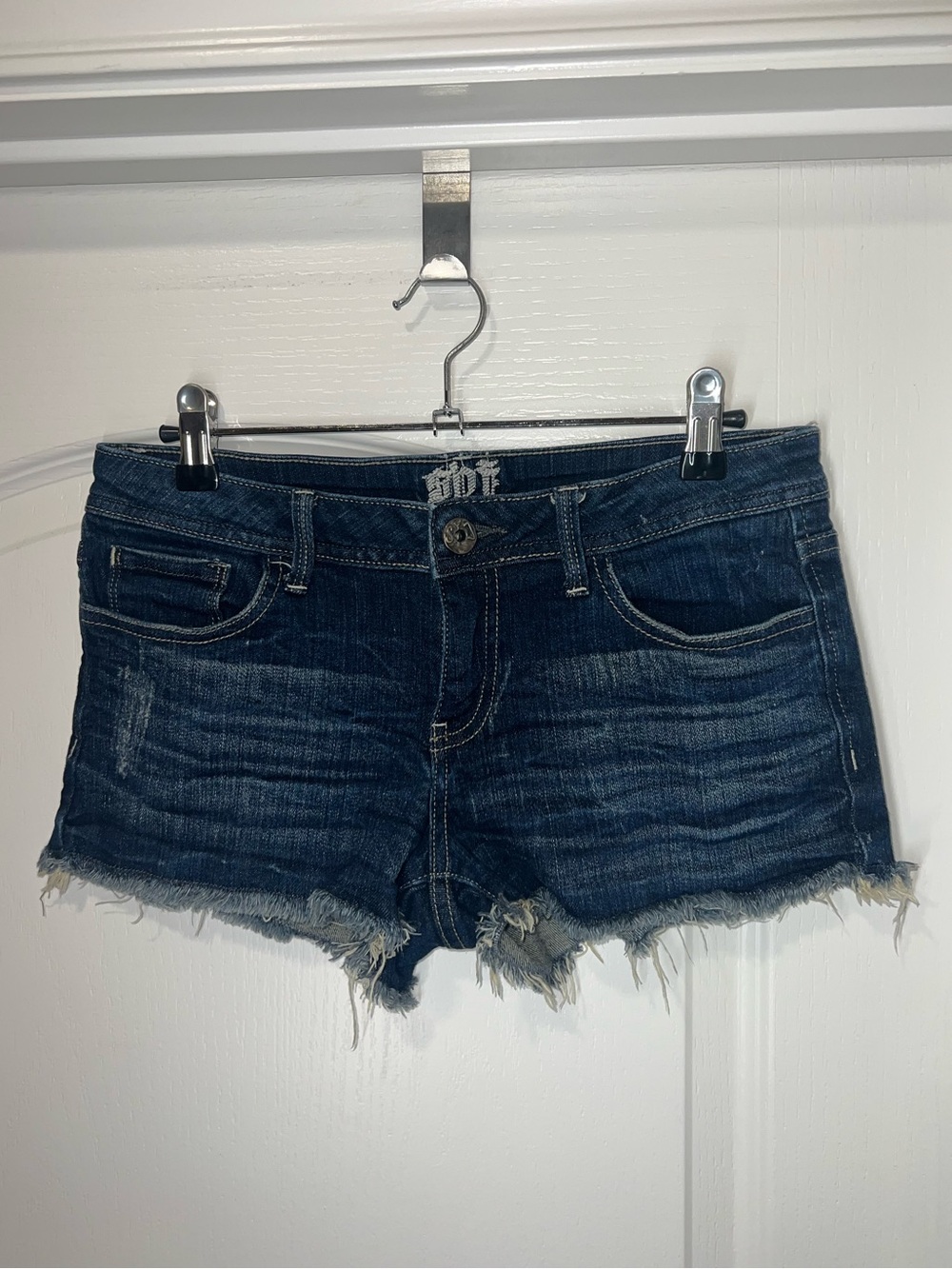 SPJ Micro Mini Denim Shorts Low Rise Frayed Hem Dark Wash Juniors Size Medium